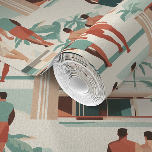 Full pattern repeat of the Riviera Modernist wallpaper showing midcentury homes.
