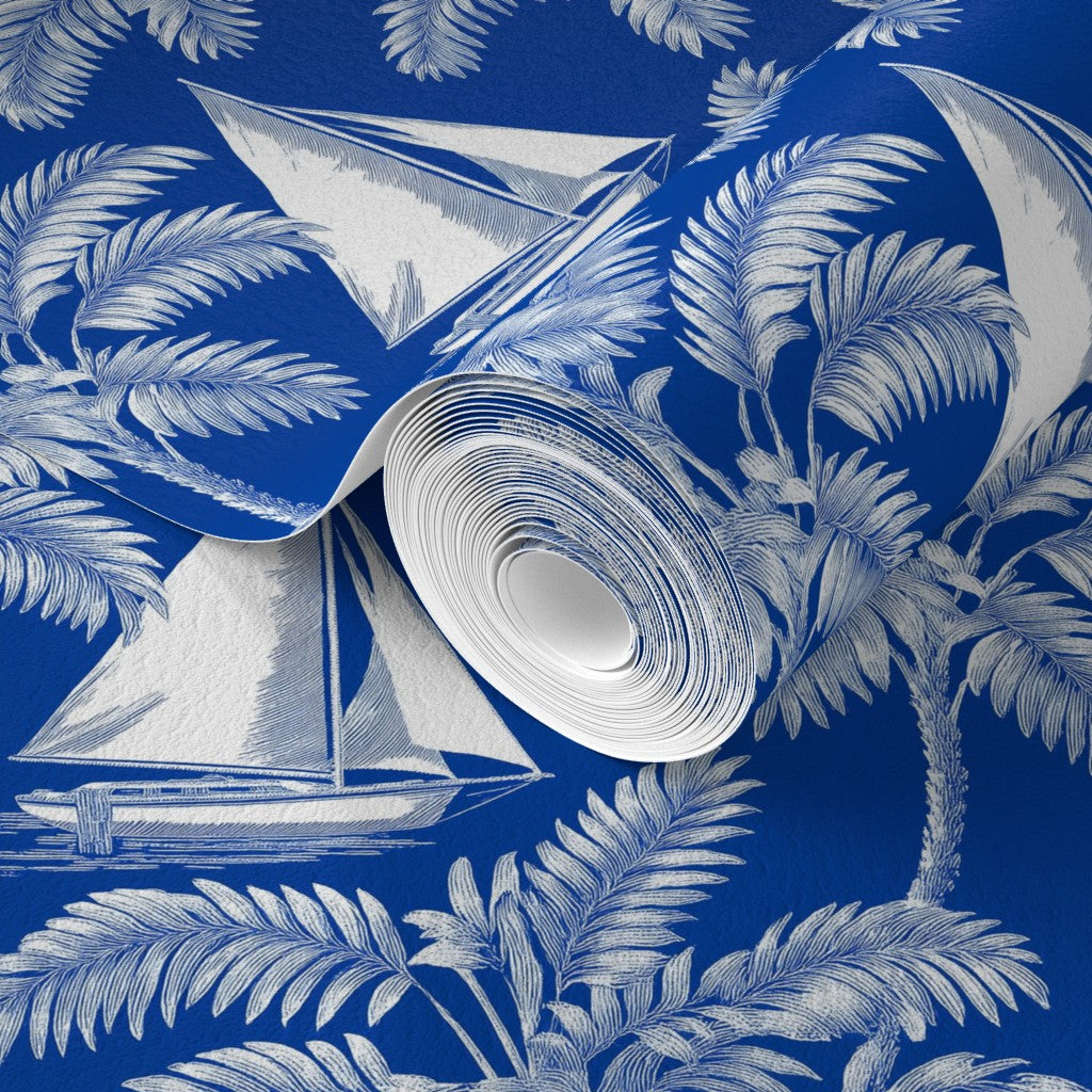 Minimalist sailboat pattern print on non-pasted wallpaper roll detail.