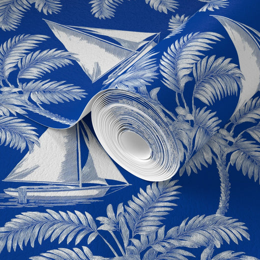 Minimalist sailboat pattern print on non-pasted wallpaper roll detail.