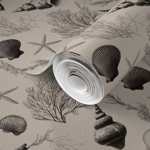 Detail of the vintage nautical elements on the non-pasted Sanibel wallpaper roll.