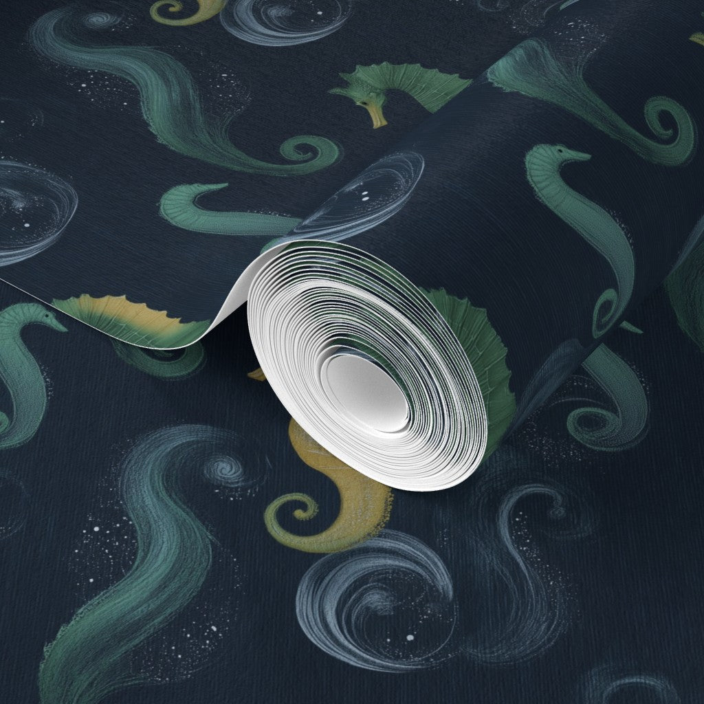Detail view of the hand-painted seahorse design and soft marine currents on a matte non-pasted ground.