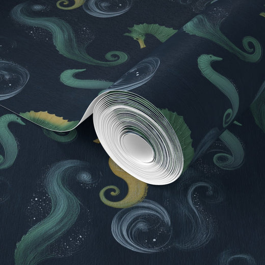 Detail view of the hand-painted seahorse design and soft marine currents on a matte non-pasted ground.