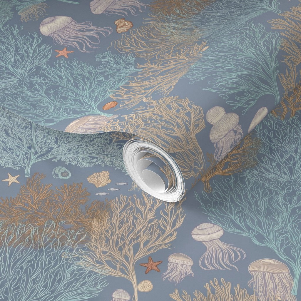 Detail of the smooth premium matte finish on Marina Blue Jelly Reef wallpaper.