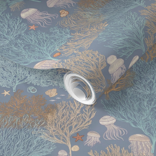 Detail of the smooth premium matte finish on Marina Blue Jelly Reef wallpaper.