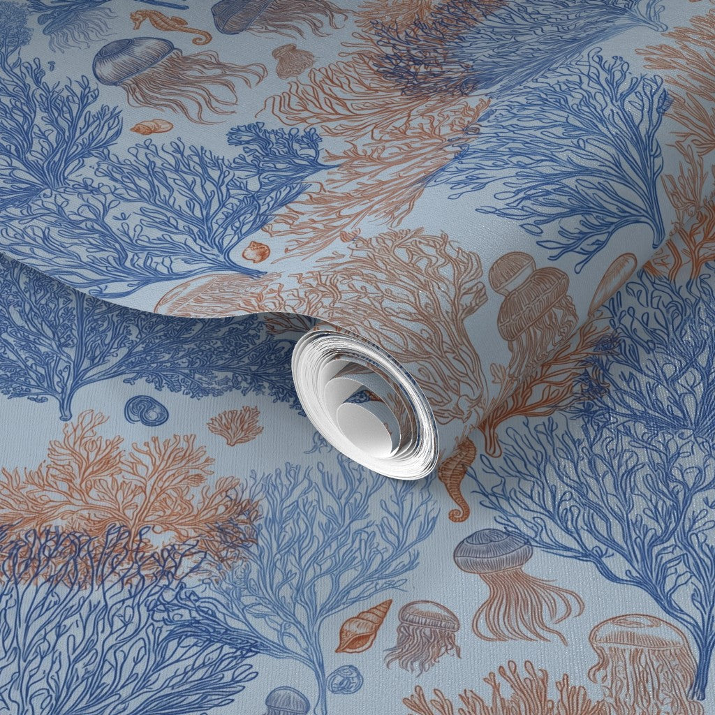 Close-up of the rich matte finish on non-pasted Coastal Blue Jelly Reef wallpaper.