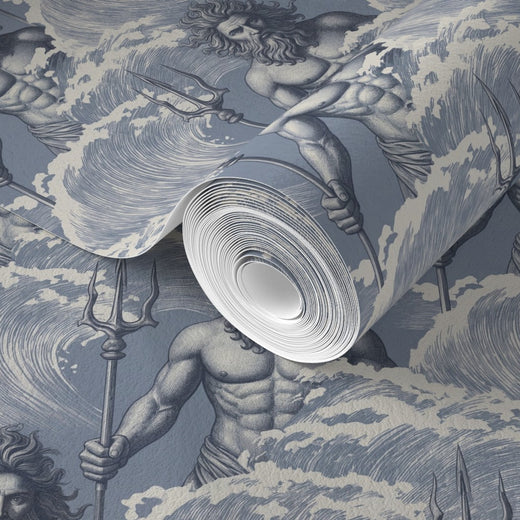 Close-up view of the classical mythological Neptune print in Mist colorway.