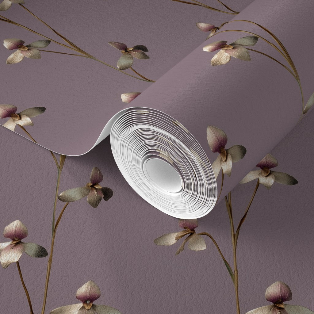 Flat lay view of the premium matte Twilight Bloom wallpaper in a soft mauve colorway.