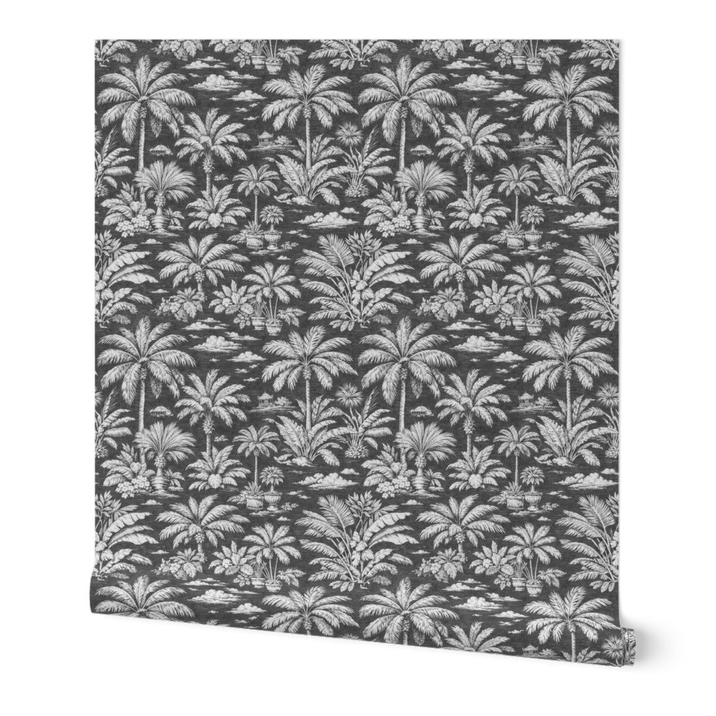 Palmy Weather wallpaper in Charcoal colorway, non-pasted premium matte finish.