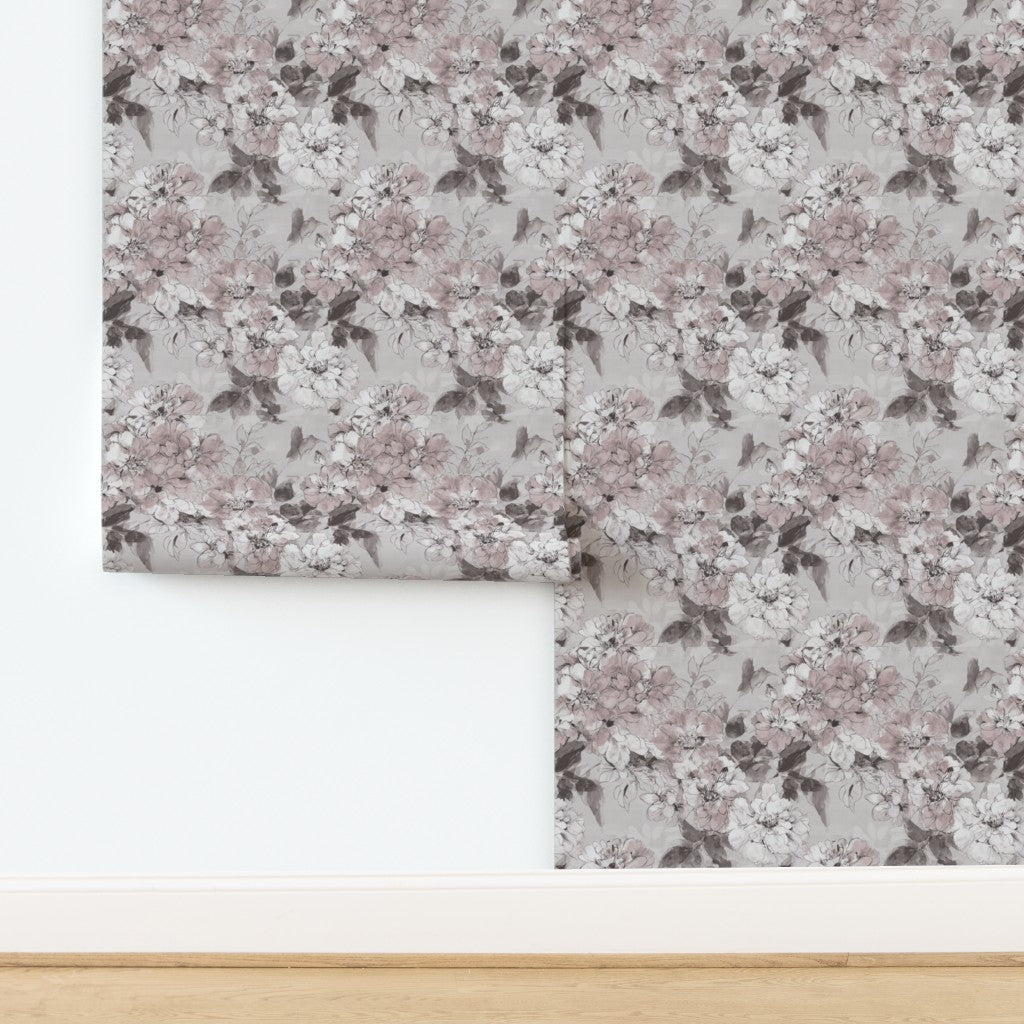 Non-pasted watercolor flora wallpaper swatch in neutral taupe colorway.