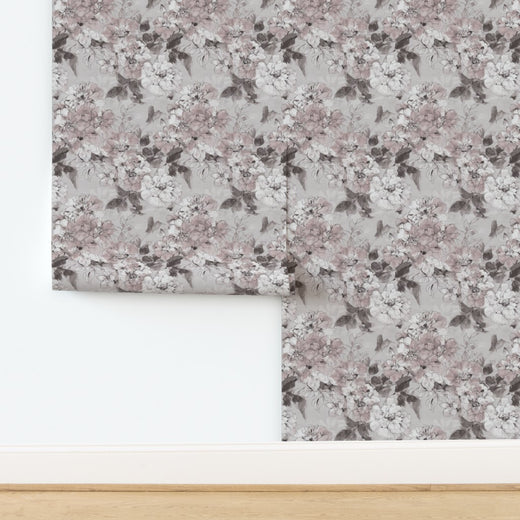 Non-pasted watercolor flora wallpaper swatch in neutral taupe colorway.