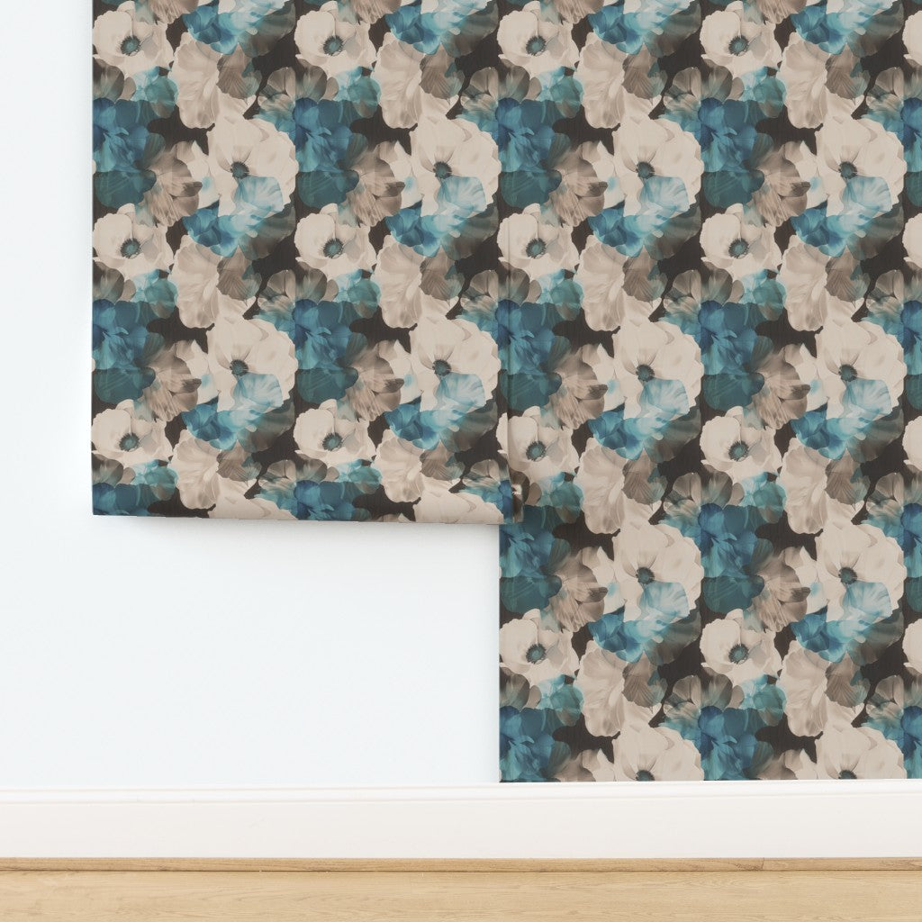 Sheer Peonies non-pasted traditional wallpaper sample in warm Hazel colorway.