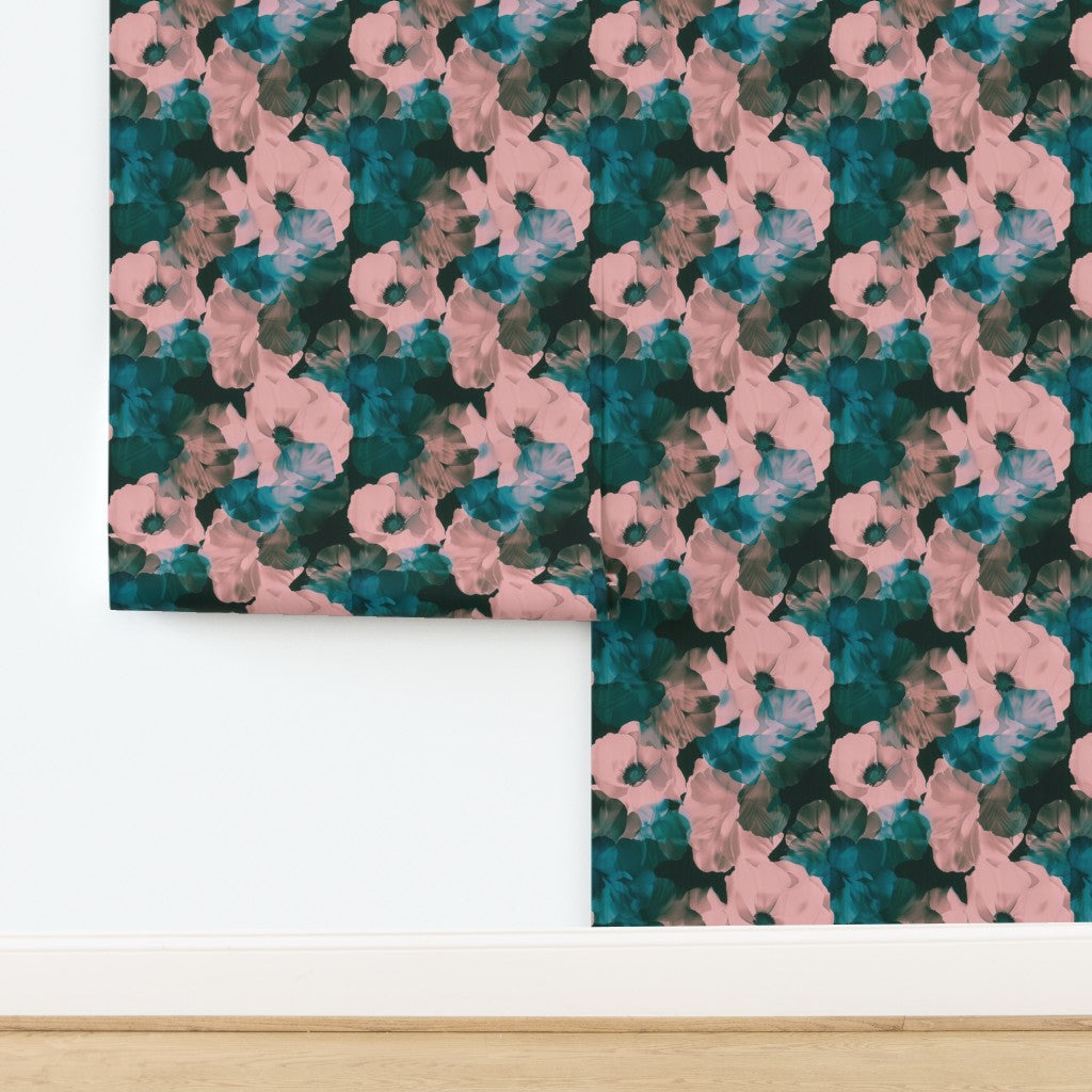 Matte non-pasted paper sample of Sheer Peonies wallpaper in warm Sangri.