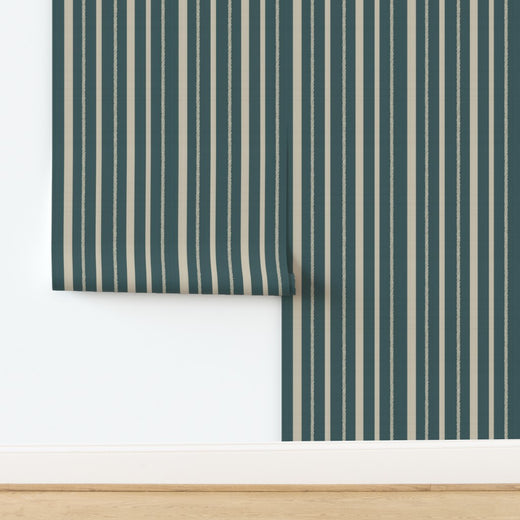 Close-up detail of the matte, non-pasted traditional paper version of the teal stripe wallpaper