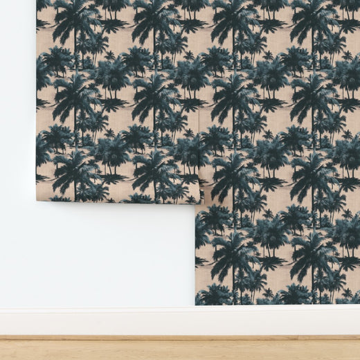Non-pasted traditional paper swatch of the St. Croix palm tree pattern in a serene colorway.