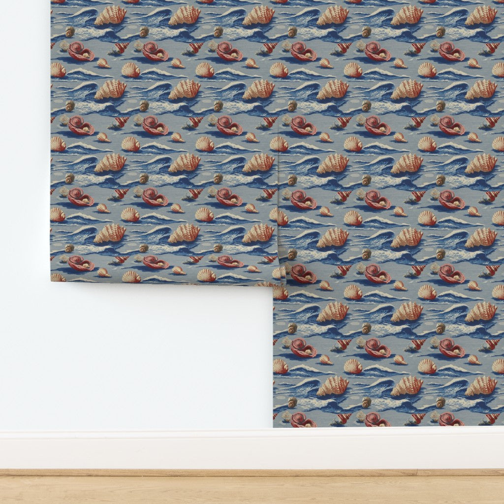 Close-up detail of the non-pasted Beach Treasures watercolor seashell wallpaper pattern.