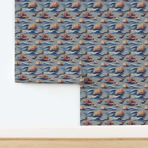 Close-up detail of the non-pasted Beach Treasures watercolor seashell wallpaper pattern.