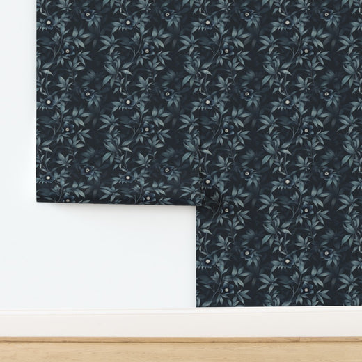 Close-up showing the premium matte finish of the non-pasted traditional Midnight Bloom Garden wallpaper.