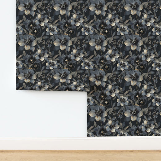 Close-up of the non-pasted traditional matte finish on the black and gold hellebore wallpaper.