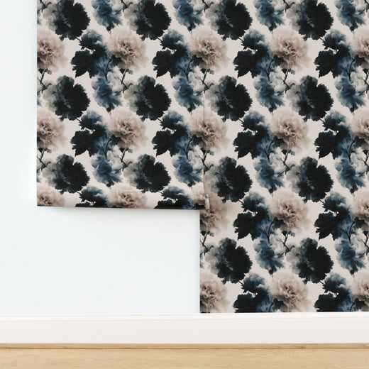Non-Pasted Modern Peonies wallpaper in Noir, featuring a premium matte finish with bold floral details.
