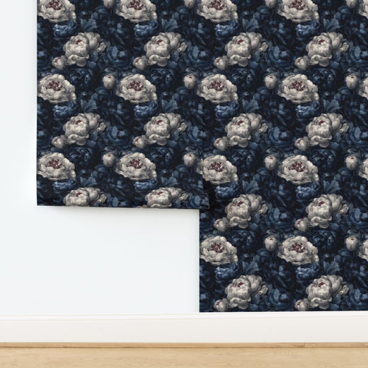 Non-pasted matte Indigo Bloom Ballad wallpaper installed in an elegant dining room setting