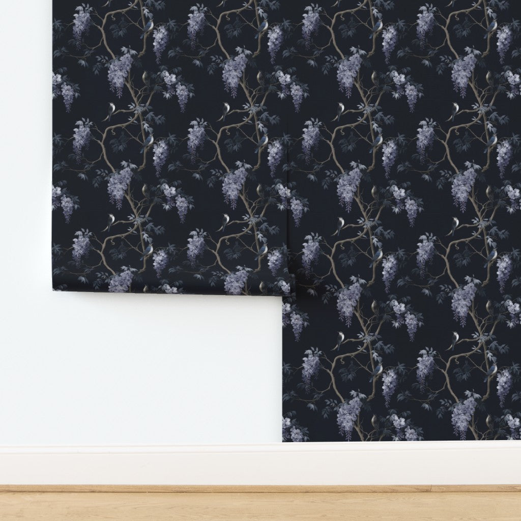 Non-pasted traditional matte wallpaper sample showing the intricate wisteria and swallow pattern
