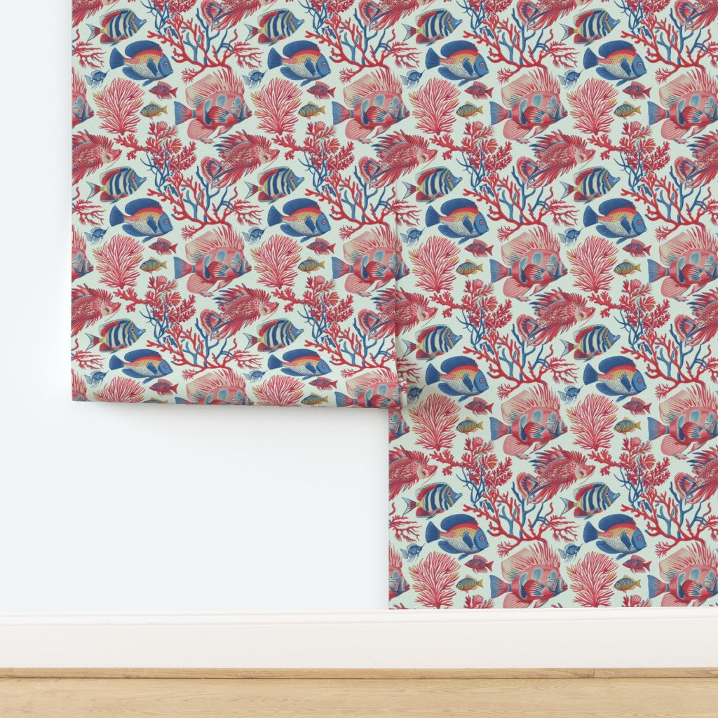 Red Fish, Blue Fish designer wallpaper in Light Blue Ground, premium matte non-pasted finish.