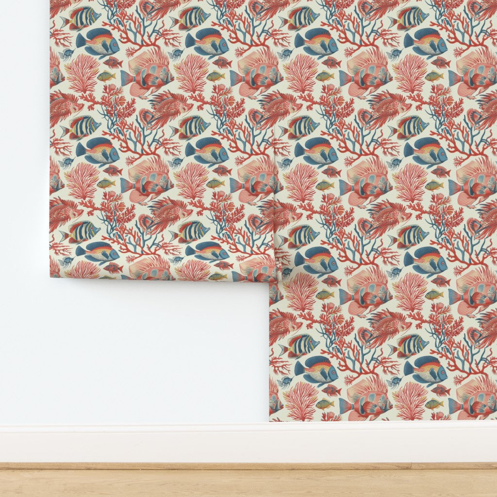 Red Fish, Blue Fish designer wallpaper in Off White Ground, premium matte non-pasted finish.