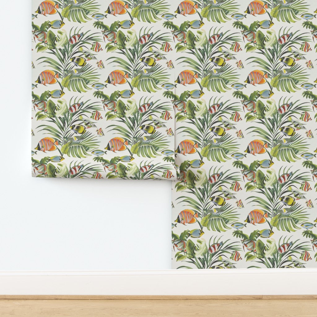 Non-pasted matte Tropical Fish Tank wallpaper detail showing vibrant angelfish and tang patterns.