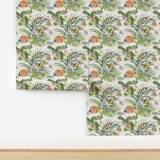 Non-pasted matte Tropical Fish Tank wallpaper detail showing vibrant angelfish and tang patterns.
