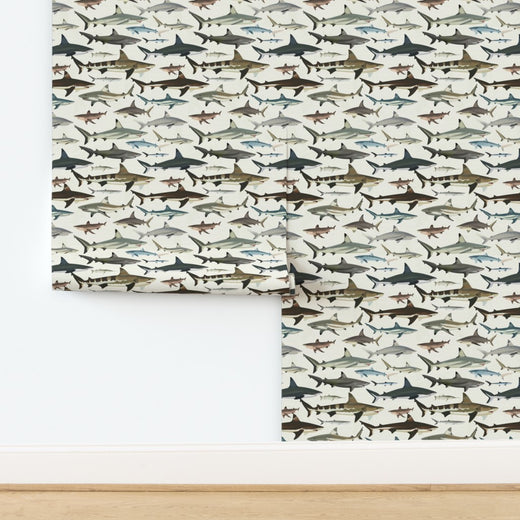 Close-up of the deep blue shark pattern on premium matte wallpaper.