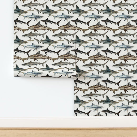 Non-pasted Watercolor Sharks wallpaper showing artistic blue shark pattern on premium matte finish