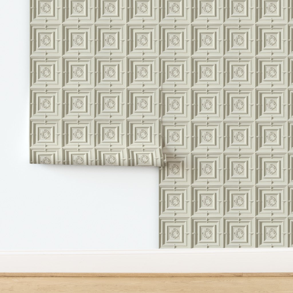 Non-pasted traditional matte wallpaper sample showing the ivory colorway of Neoclassical Medallions.