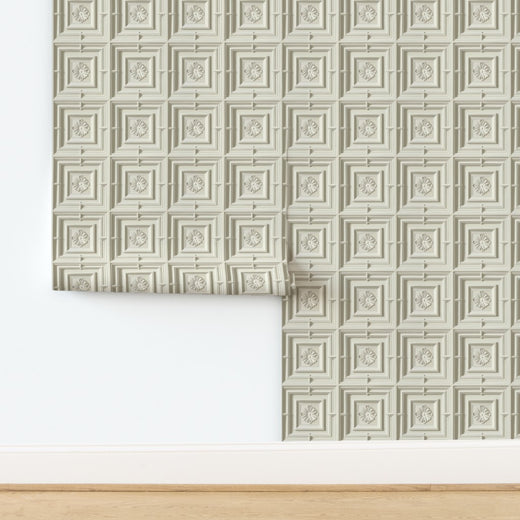 Non-pasted traditional matte wallpaper sample showing the ivory colorway of Neoclassical Medallions.