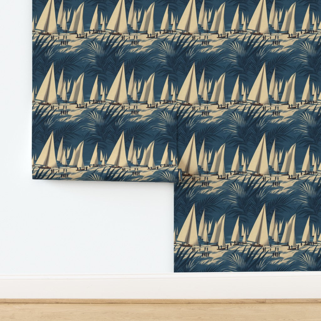 Detail of Regatta wave blue sailboat wallpaper in non-pasted finish.