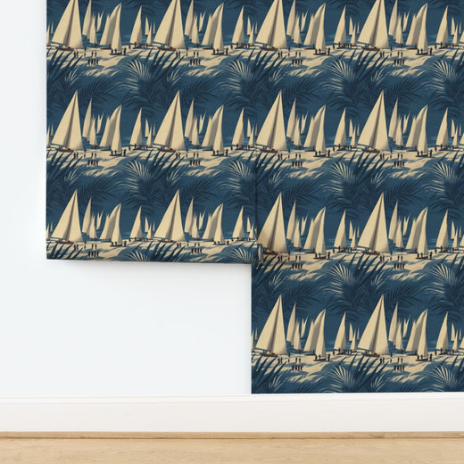Detail of Regatta wave blue sailboat wallpaper in non-pasted finish.