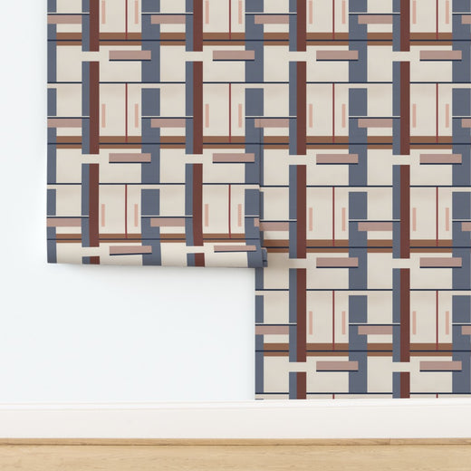 Non-pasted traditional Bauhaus geometric wallpaper with bold primary forms and interlocking shapes.
