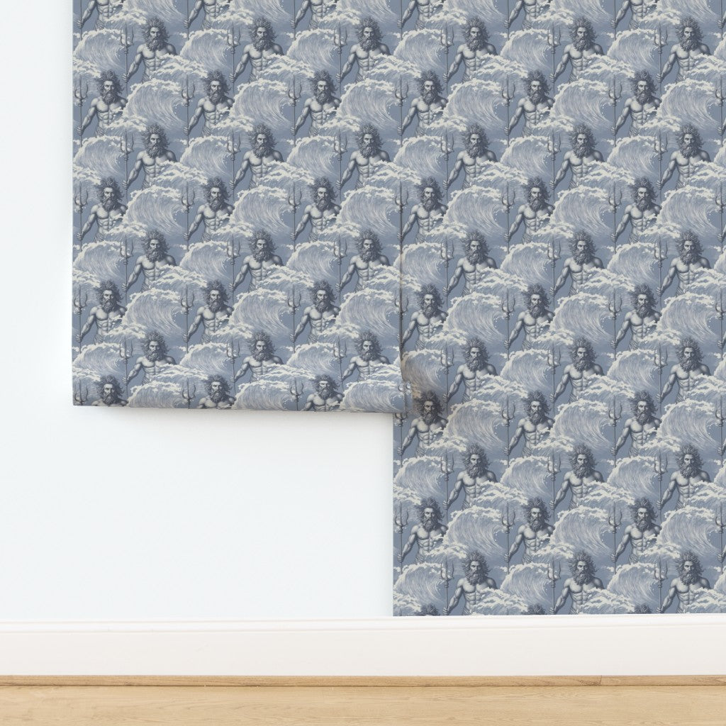 Full pattern layout of the Neptune wallpaper in the soft Mist gray and white colorway.
