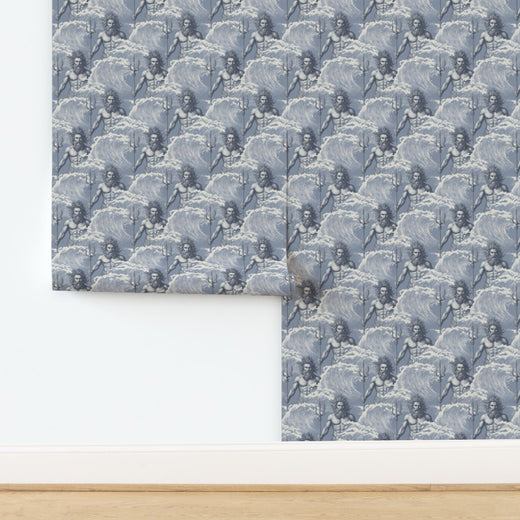 Full pattern layout of the Neptune wallpaper in the soft Mist gray and white colorway.