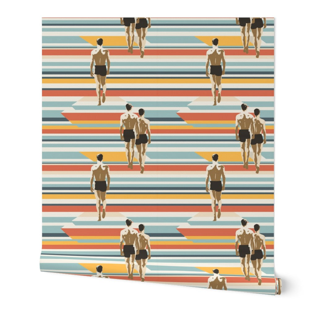 Strada del Sole non-pasted wallpaper featuring stylized figures on colorful geometric stripes.