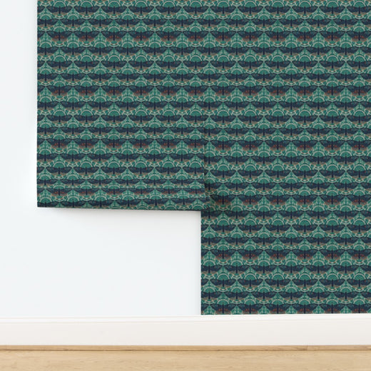Close-up of the non-pasted matte substrate on the Butterfly Lattice wallpaper in teal.