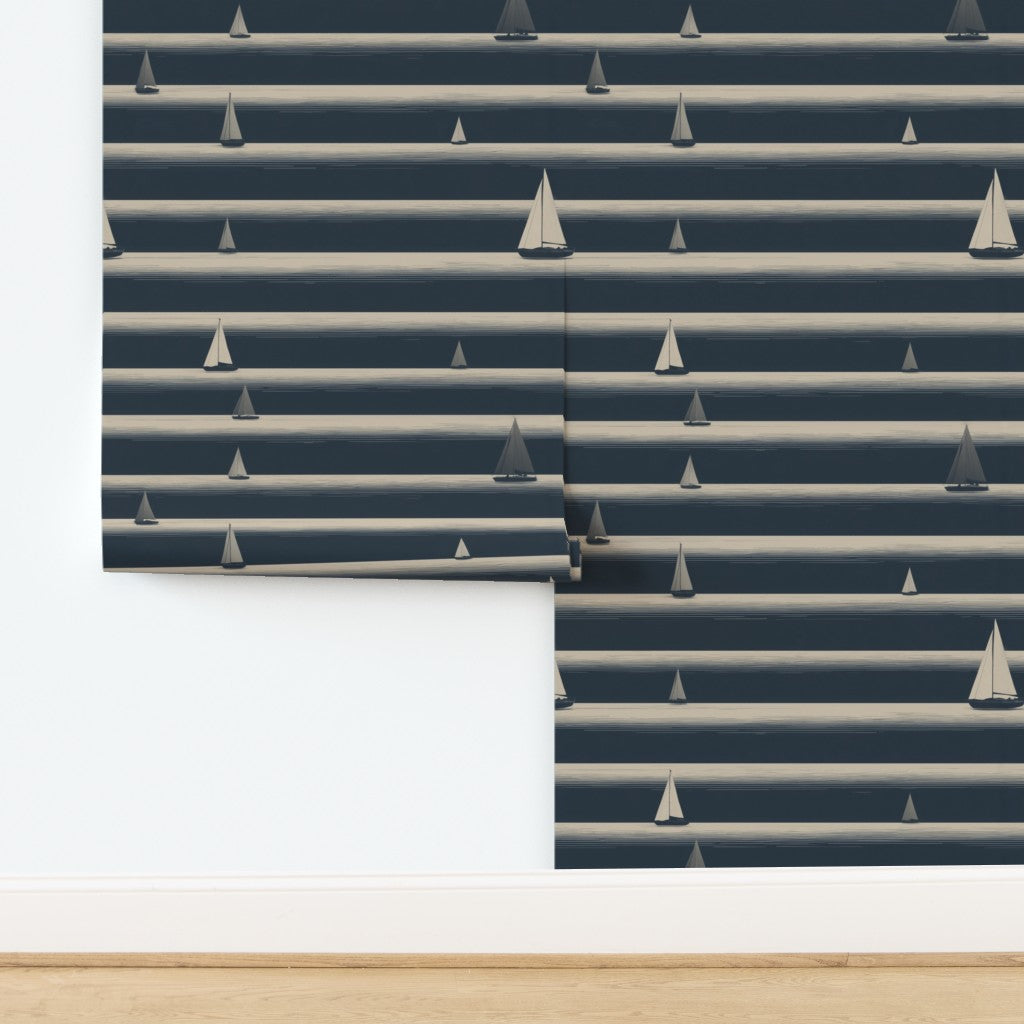 Detail of the non-pasted sailing stripes wallcovering with hand-drawn masts.