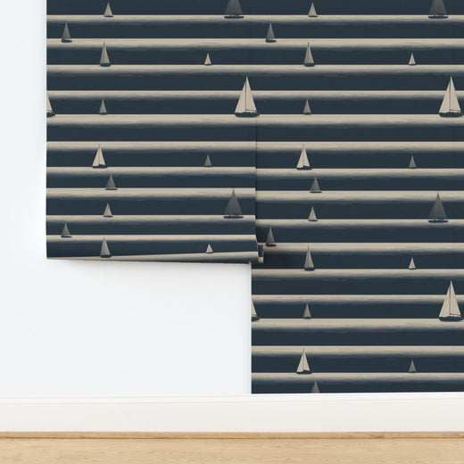 Detail of the non-pasted sailing stripes wallcovering with hand-drawn masts.