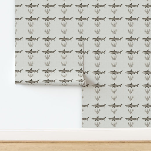 Detailed close-up of the non-pasted Solo Swimmer shark pattern wallpaper in black and neutral tones.