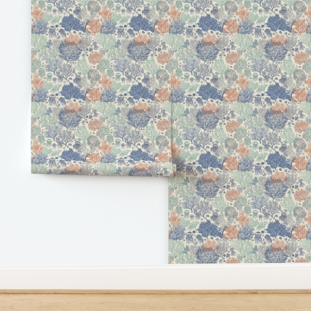Non-pasted traditional paper swatch of Jelly Reef coastal wallpaper in Sun Bleached neutral.
