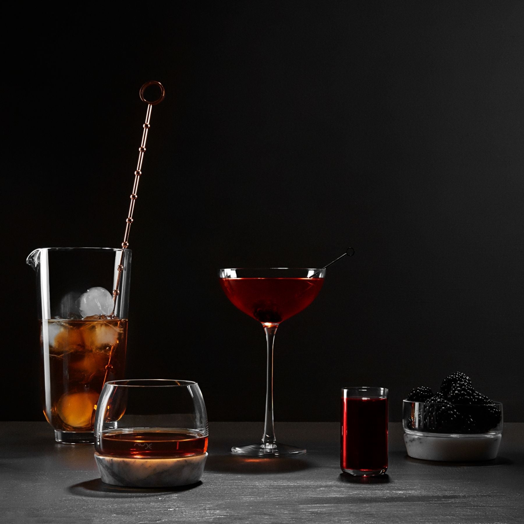 Lifestyle view of Hepburn Mixing Glass with Metal Stirrer | Provenance & Patina