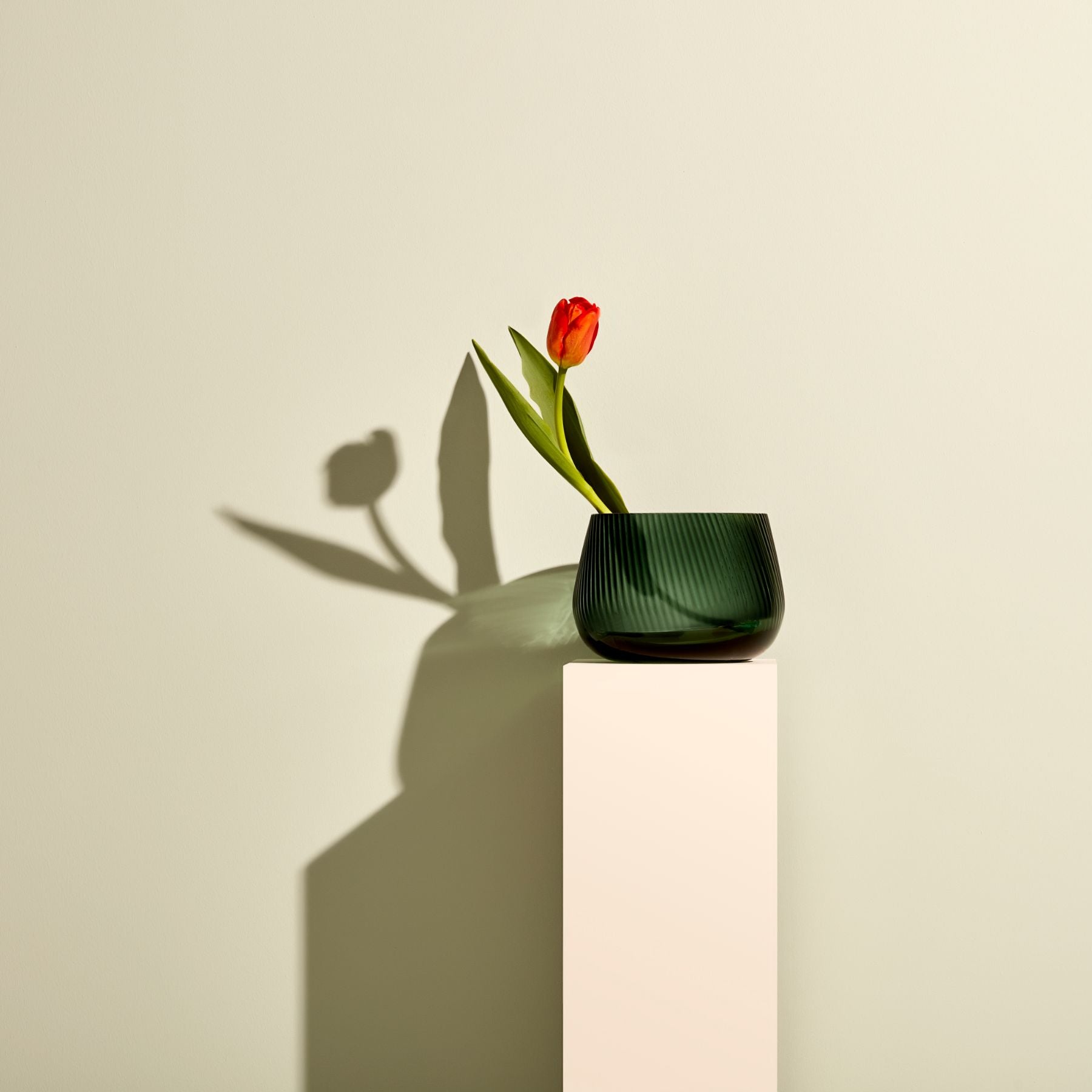 Detailed view of the textured vertical ridges of the contemporary crystal Opti vase