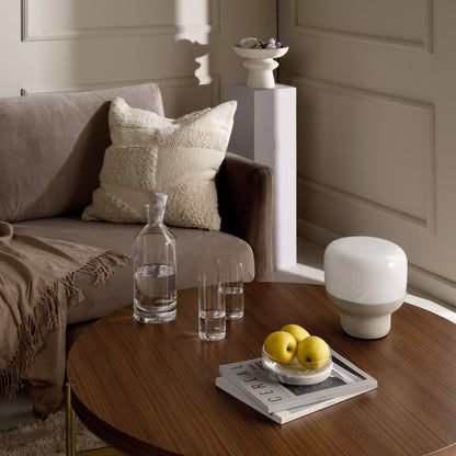 Detailed view of the marble stopper resting on the neck of the Alba tall whisky decanter.