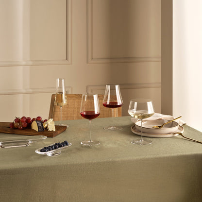 The refined silhouette of a contemporary lead-free crystal champagne flute.
