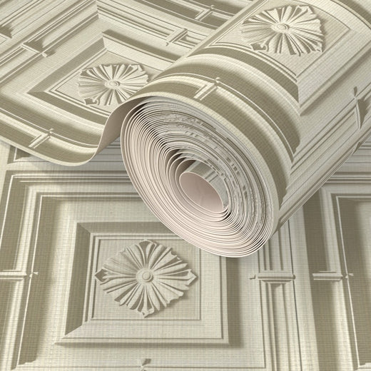 Natural grasscloth texture detail of the Neoclassical Medallions designer wallpaper.