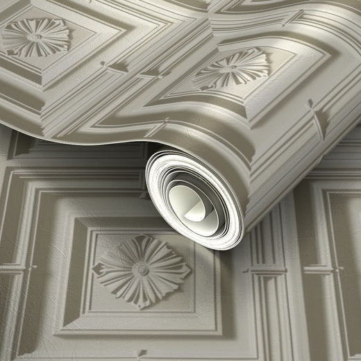 Luminous metallic finish detail on the Neoclassical Medallions wallpaper substrate.